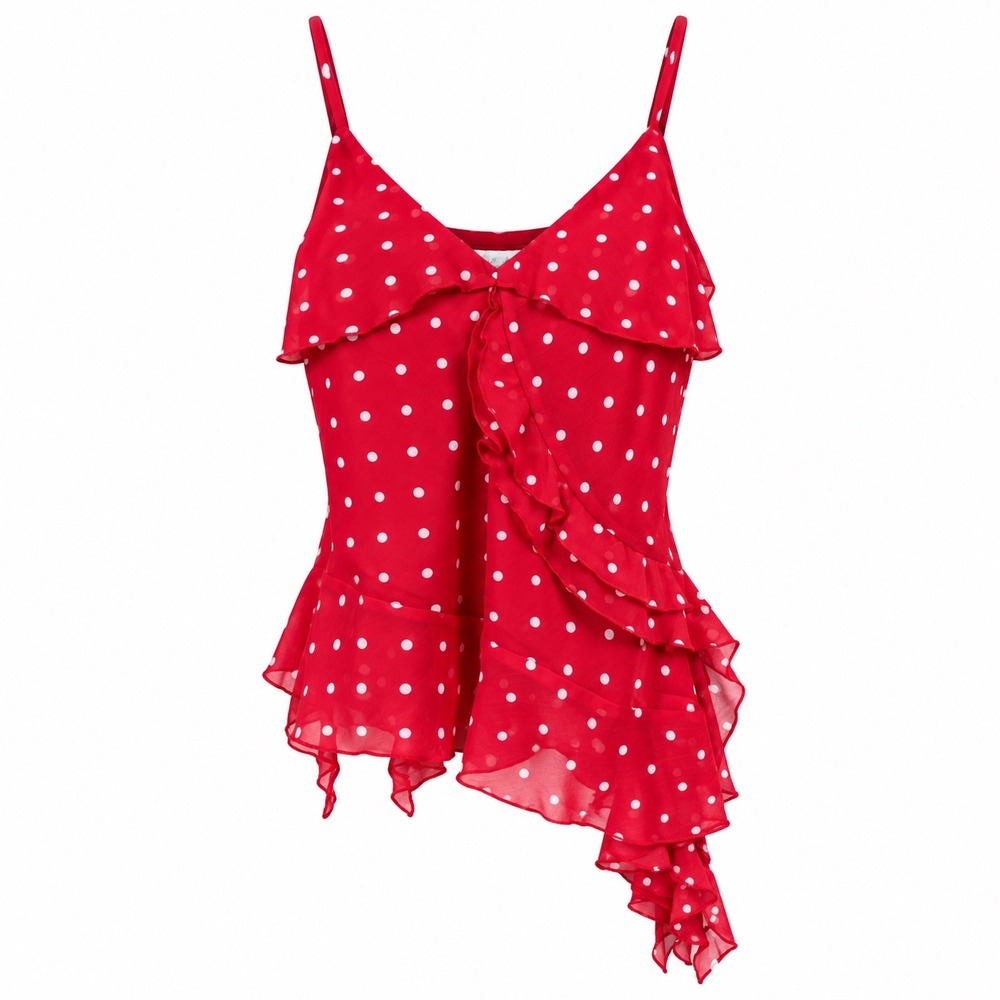 Blenca Womens Cami Top M Polyester Red White Polka Dot Ruffle Asymmetrical NWT